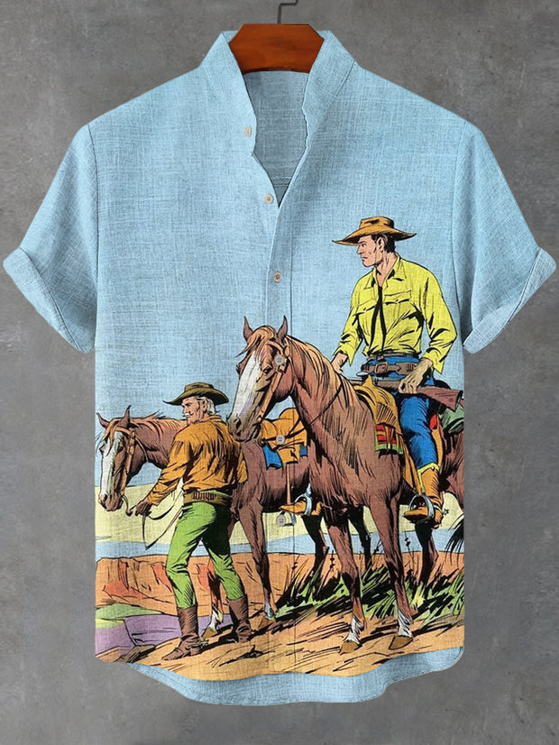 Men's Western Cowboy Horse Illustration Print Casual Shirt