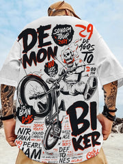 Men's Skull Bike Street Graffiti Art Print Casual T-Shirt