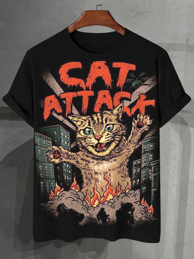 Men's Catzilla Giant Cat Attack Art Print Casual T-Shirt