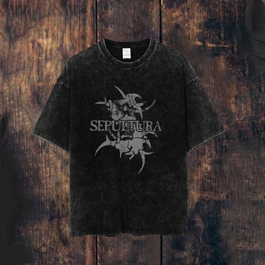 Unisex  Vintage Washed Sepultura Heavy Metal Band T-shirt