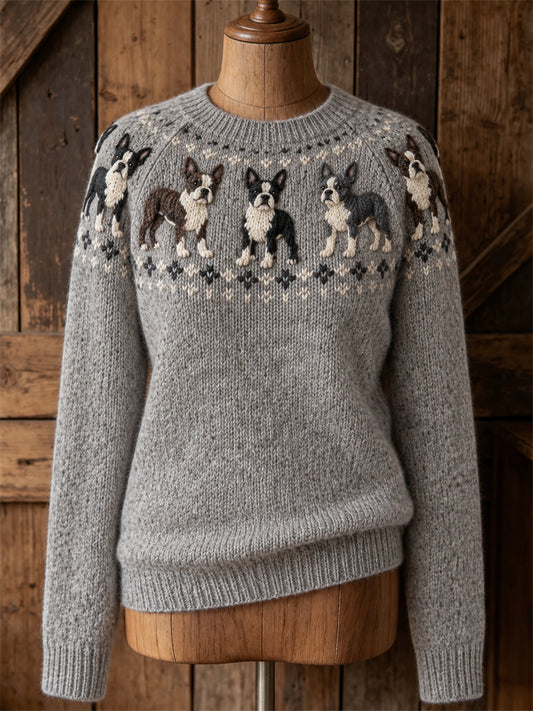 Damen Vintage Terrier Hunde Yoke Isle Print Pullover mit Rundhals ausschnitt