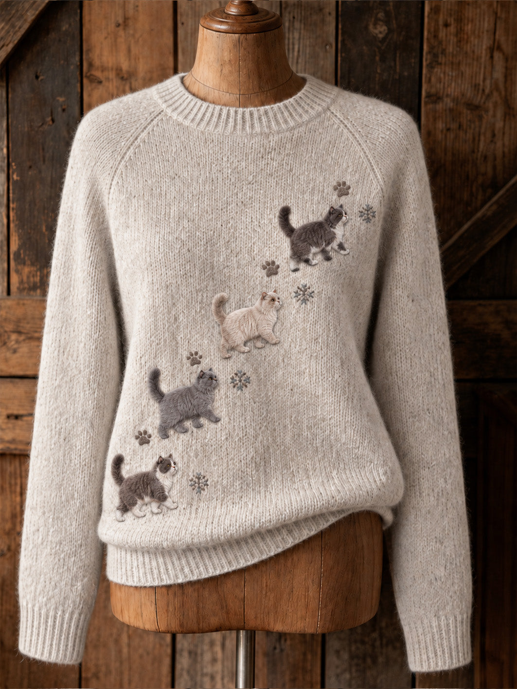 Damenpullover mit niedlichem Katzenmotiv und lässigem Raglanärmel