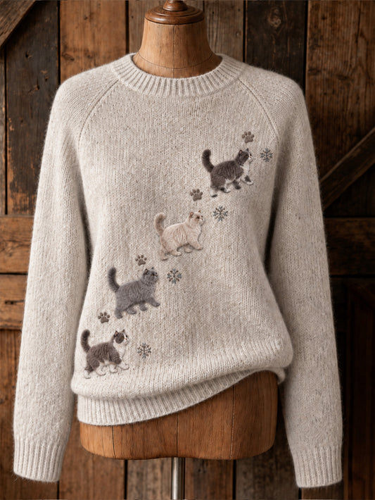 Damenpullover mit niedlichem Katzenmotiv und lässigem Raglanärmel
