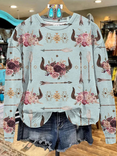 Retro Horn Floral Arrows Art Print Casual Sweatshirt