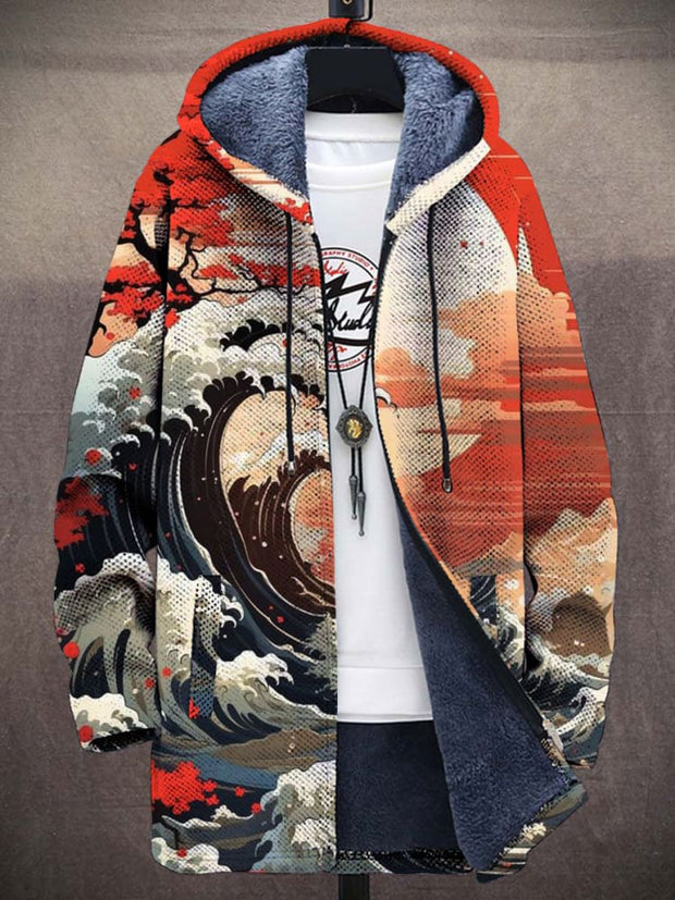 Japanese Art Print Plush Thick Long-Sleeved Sweater Cardigan Coat