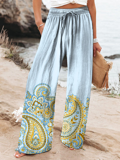 Women's Vacation Light Blue Paisley Retro Pattern Printed Linen Casual Pants