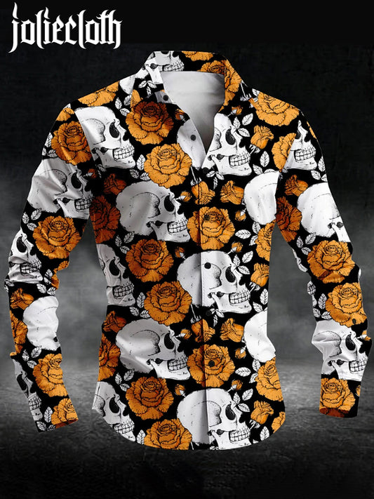 Men's Rose Skull Print Long Sleeve Shirt