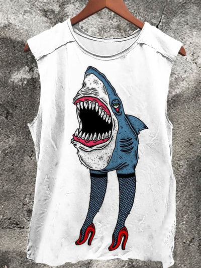 Shark Wearing Stockings and High Heels Vintage Print Casual Tank Top