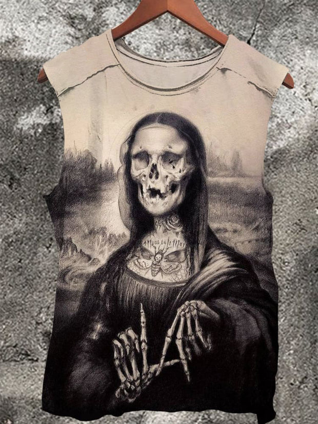 Unisex Skull Gesture Mona Lisa Vintage Print Casual Tank Top