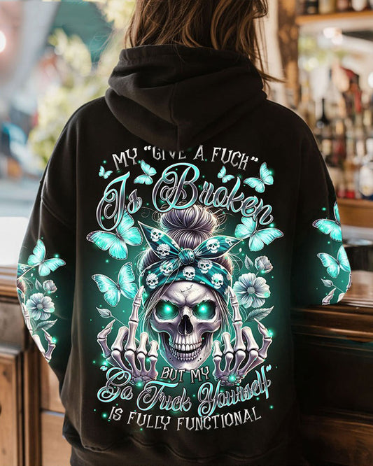 Unisex My Give A F Is Broken Messy Bun Skull Illustration Print Hoodie