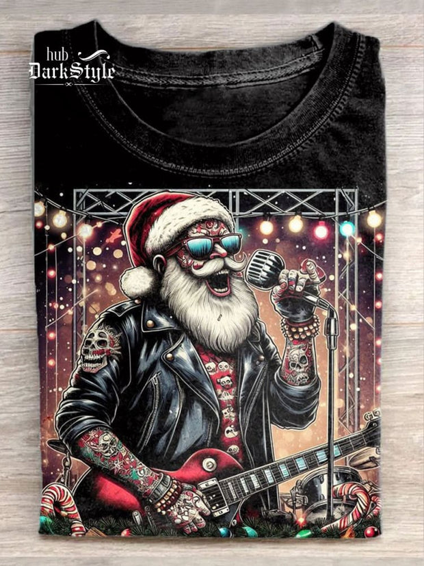 Unisex Retro Rock Santa Art Illustration Print Casual T-Shirt