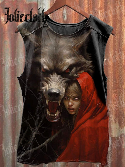 Unisex Red Riding Hood and Wolf Art Illustration Printed Casual Cotton Tank Top