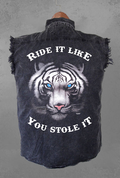 Men’s Ride It Like You Stole It Blue Eyed Tiger Acid Washed Denim Biker Shirt