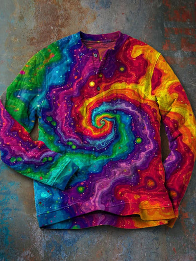 Colorful Swirls Print Diamond-quilted Henley Sweatshirt