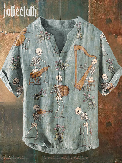 Man's Funny Skull Art Illustration Print Casual Shirt