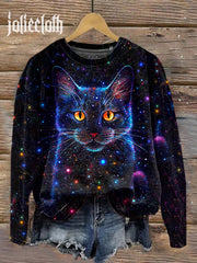 Unisex Fantasy Starry Sky Cat Art Illustration Printed Casual T-Shirt