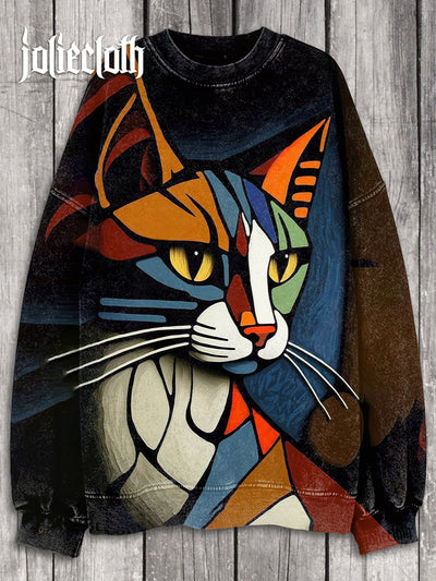 Unisex Abstract Art Cat Illustration Printed Casual Long Sleeve Sweatshirt