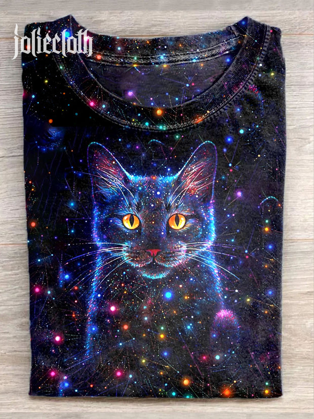 Unisex Fantasy Starry Sky Cat Art Illustration Printed Casual T-Shirt