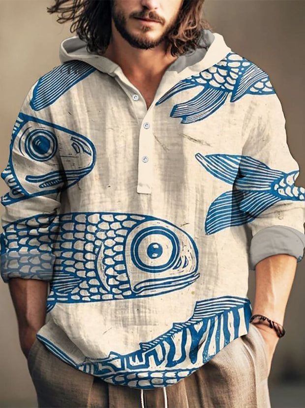 Men's Blue Minimalist Fish Vintage Print Casual Jacquard Shirt