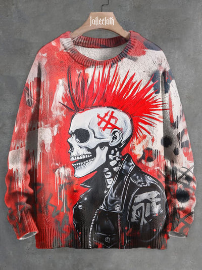 Men's Vintage Punk Rock Skull Graffiti Art Print Knit Sweatshirt