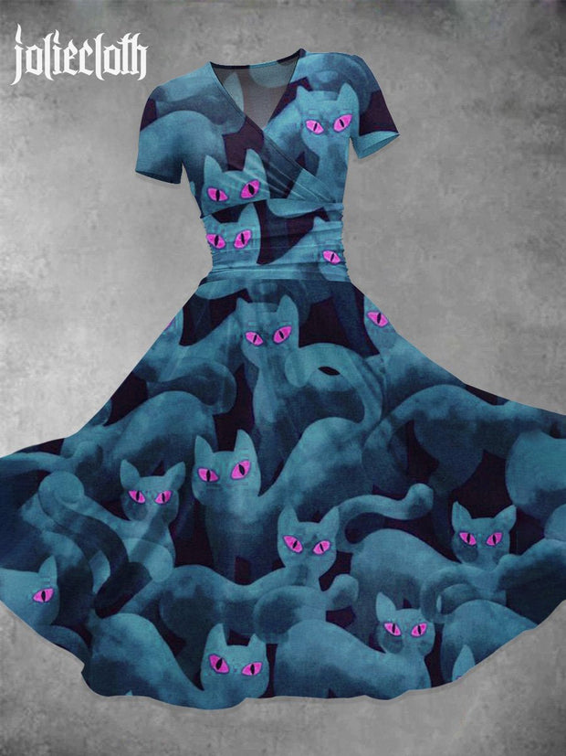 Women's Halloween  Cat  Art Print Casual  Maxi Dress