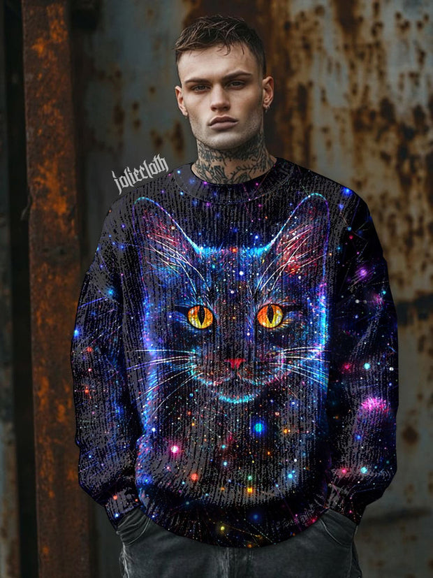 Unisex Fantasy Starry Sky Cat Art Illustration Printed Casual T-Shirt