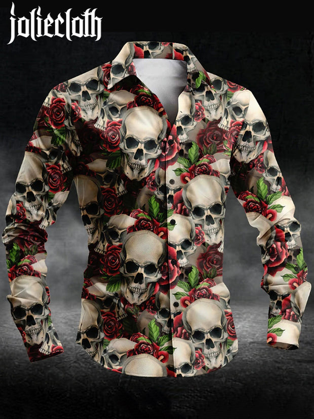 Men's Rose Skull Print Long Sleeve Shirt