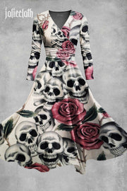 Women's Retro Punk Skull Print Casual V Neck Dress