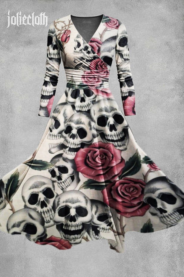 Women's Retro Punk Skull Print Casual V Neck Dress