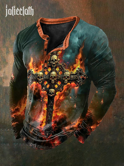 Men's Retro Punk Skull Print Casual Long Sleeve T-Shirt