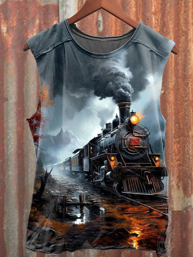 Unisex Steam Engine Train Art Printed Casual Short Sleeve T-Shirt