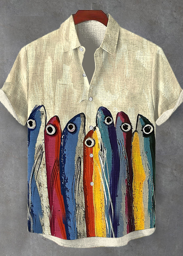 Men's Fish Art Illustration Printed Casual Shirt