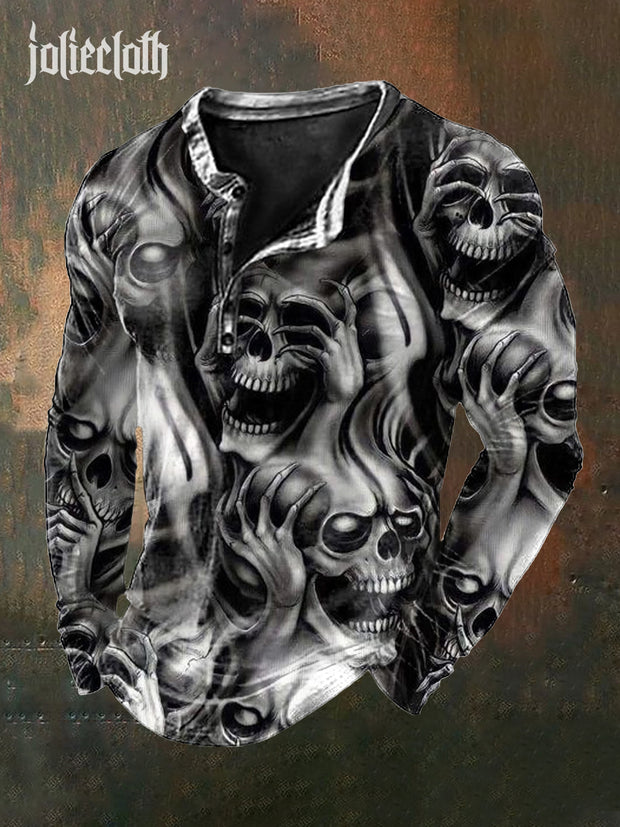 Men's Retro Punk Skull Print Casual Long Sleeve T-Shirt