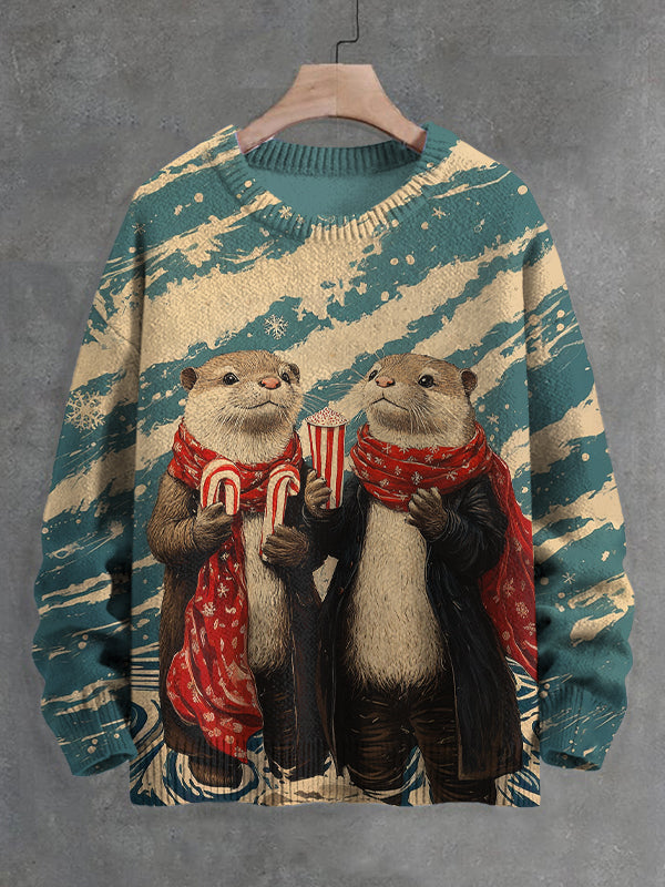 Men's Christmas Otter Candy Cane Party Art Print Knit Sweatshirt