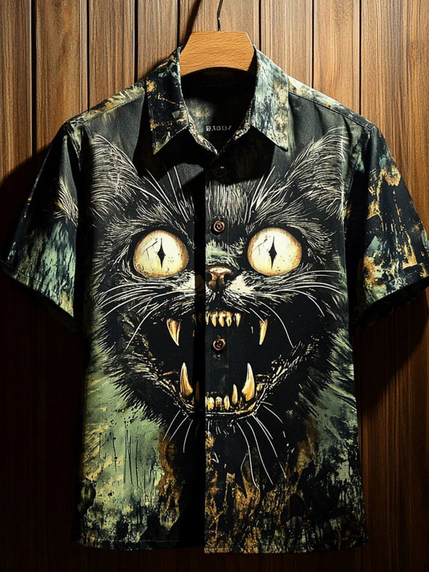 Men's Halloween Black Cat Casual Printed Shirt