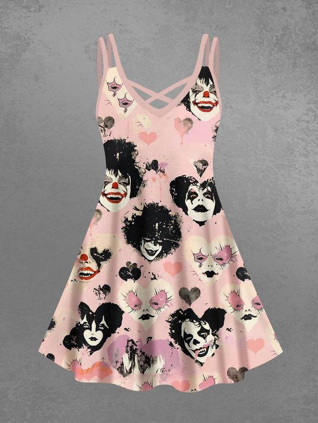 Women's Distressed Heart Clown Print Crisscross Cami Dress