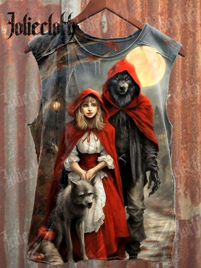 Unisex Red Riding Hood and Wolf Art Illustration Printed Casual Cotton Tank Top