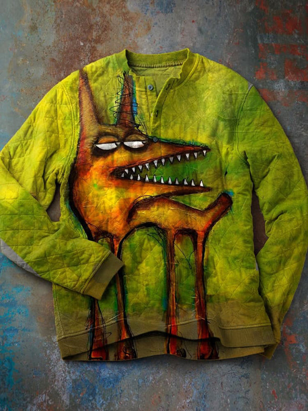 Abstract Painting of Dogs Print Diamond-quilted Henley Sweatshirt