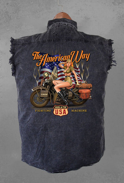 Men’s Patriotic The American Way Army Babe Motorcycle Acid Washed Cutoff Denim Biker Shirt