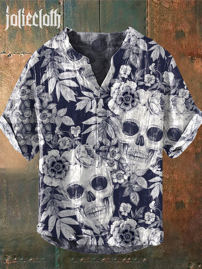 Man's Retro Skull Floral Art Illustration Print Casual Shirt