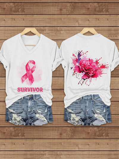 Women's Breast Cancer Awareness Survivor Pink Ribbon Floral Casual Tee