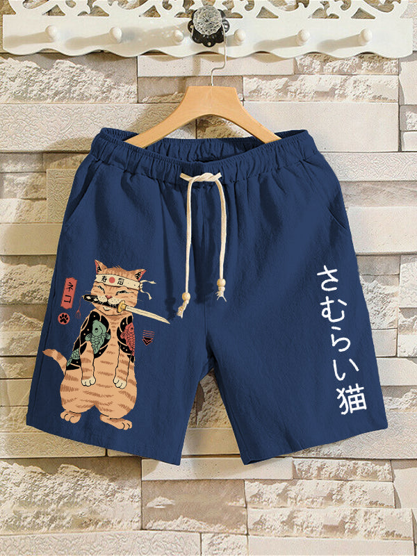 Men's Japanese Sushi Samurai Cat Print Casual Shorts