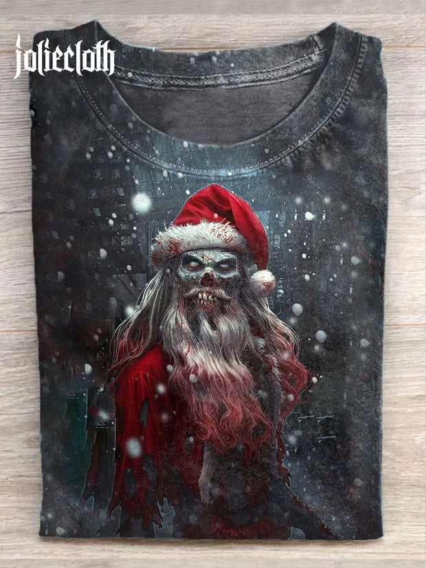 Unisex Christmas Santa Monster Art Illustration Printed Casual Cotton Round Neck T-Shirt