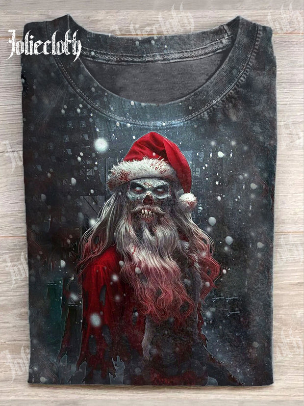 Unisex Christmas Santa Monster Art Illustration Printed Casual Cotton Round Neck T-Shirt