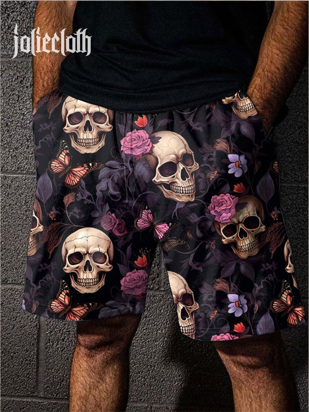 Men's Skull Floral Pattern Illustration Printed Casual Sports Shorts