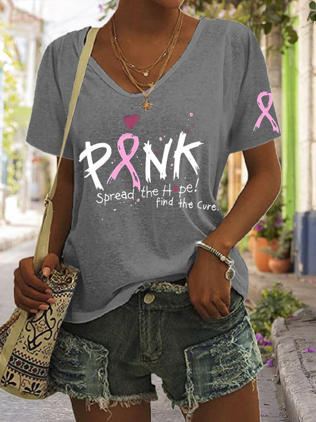 Women's Pink Spread the Hope Find the Cure Print Casual T-Shirt