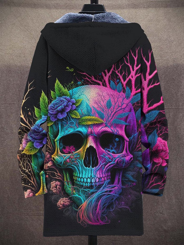 Unisex Skull Flowers Art Print Plush Thick Long-Sleeved Sweater Cardigan Coat