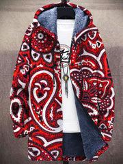 Unisex Plush Vintage Paisley Gothic Red Textured Print Thickened Long Sleeve Sweater Cardigan Jacket