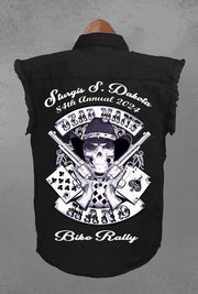 Mens Sturgis Bike Rally 2024 Aces And Eights Dead Mans Hand Cowboy Sleeveless Denim Biker Shirt