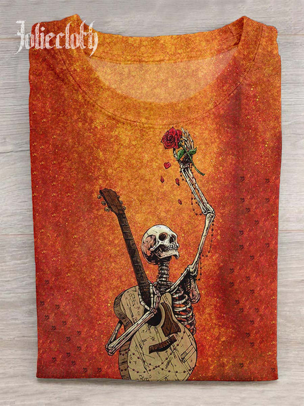 A Skeleton Holding A Guitar and A Rose Print Design T-shirt